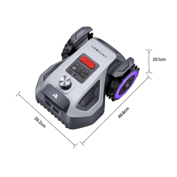 Robotska kosilnica ANTHBOT M5 z označenimi dimenzijami 49,8 × 39,2 × 25,1 cm za samodejno košnjo trate.