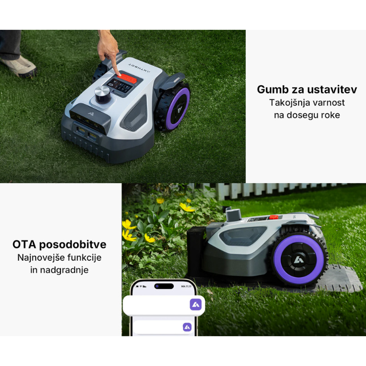 Prikaz robotske kosilnice ANTHBOT M5 z gumbom za zaustavitev v sili, OTA posodobitvami in samodejnim polnjenjem na polnilni postaji.