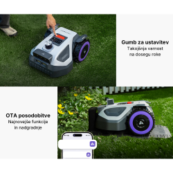 Prikaz robotske kosilnice ANTHBOT M5 z gumbom za zaustavitev v sili, OTA posodobitvami in samodejnim polnjenjem na polnilni postaji.