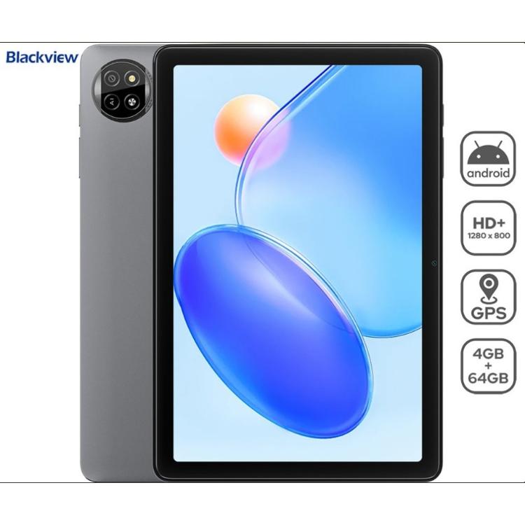 Blackview Tab 20 WiFi, prikazan s sprednje in zadnje strani z ikonami Android, GPS in 4 GB + 64 GB.