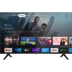 Tesla TV od spredaj z Google TV, Tenet prikaz, vrstica aplikacij, širok zaslon in tanek okvir.