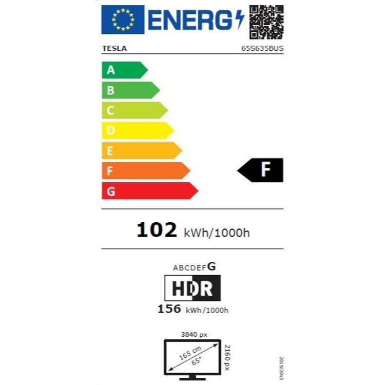Tesla energijska nalepka: razred F, poraba 102 kWh/1000h, HDR 156 kWh/1000h, 65" 4K TV.