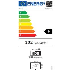 Tesla energijska nalepka: razred F, poraba 102 kWh/1000h, HDR 156 kWh/1000h, 65" 4K TV.