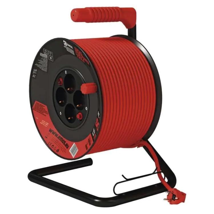 Kolutni podaljšek Emos 50 m / 4 vtičnice / rdeči / PVC / 230 V / 1,5 mm2