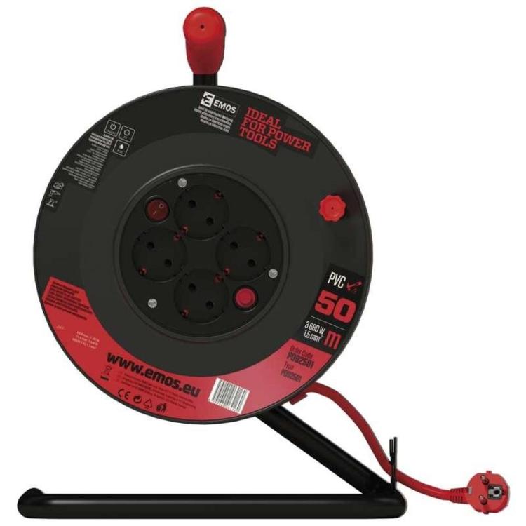 Kolutni podaljšek Emos 50 m / 4 vtičnice / rdeči / PVC / 230 V / 1,5 mm2