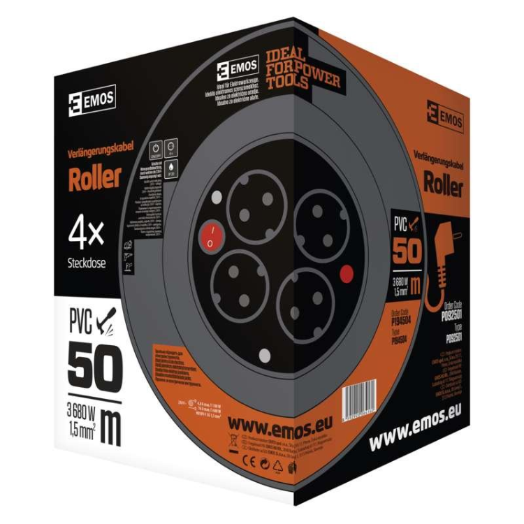 Kolutni podaljšek Emos 50 m / 4 vtičnice / rdeči / PVC / 230 V / 1,5 mm2