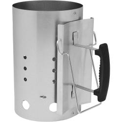 Prižigalnik za oglje (chimney starter) iz kovine z ročajem in prezračevalnimi odprtinami.
