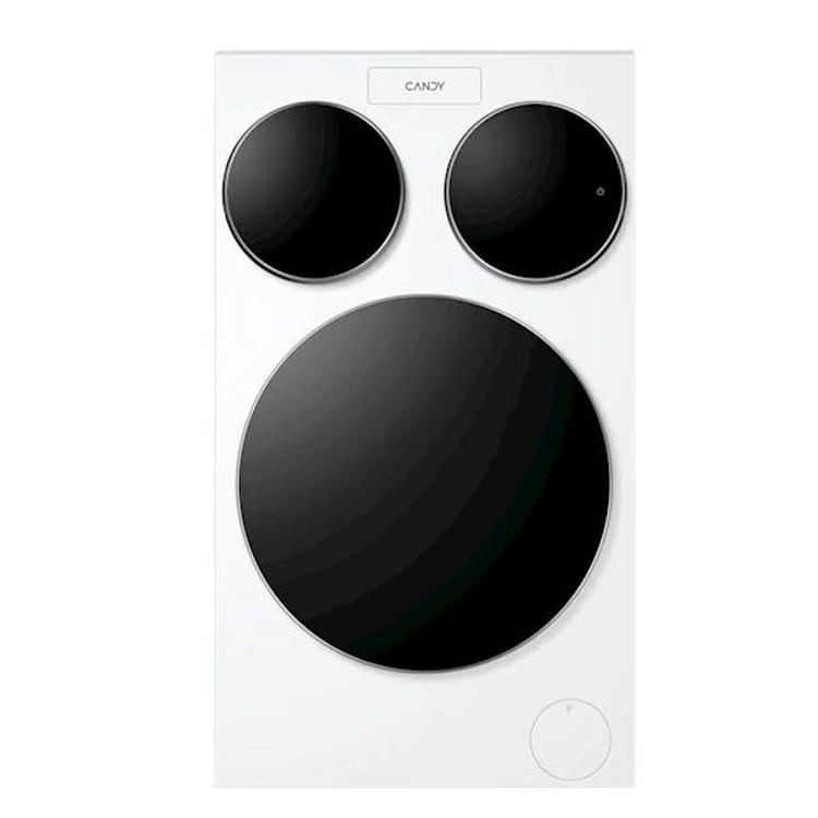 Sprednji pogled na pralni stroj Candy MQD 410CBL9‑S z zaprtimi vrati in minimalističnim dizajnom.