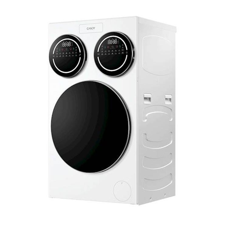 Pralni stroj Candy MQD 410CBL9‑S, bel, sprednji pogled z značilnim okroglim dizajnom vrat in upravljalnimi zasloni.