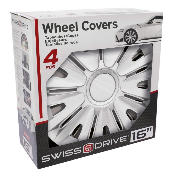 Škatla "Wheel Covers" z oknom, prikazuje 4 pokrove 16", blagovna znamka SWISS DRIVE in slika avtomobila
