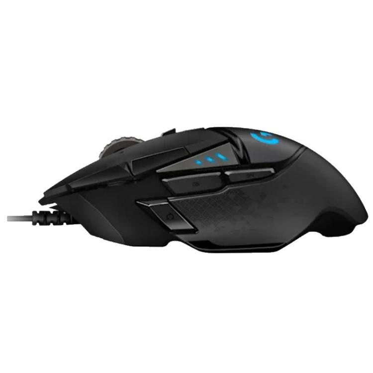 Ergonomska gaming miška Logitech G502 HERO z več programabilnimi stranskimi gumbi, osvetljenim logotipom G in prilagodljivo obliko zagotavlja udobje tudi med daljšimi igralnimi sejami.