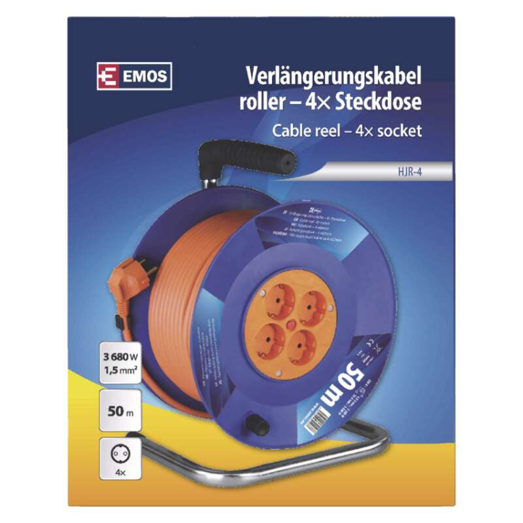 Kolutni podaljšek Emos 50 m / 4 vtičnice / oranžni / PVC / 230 V / 1,5 mm2