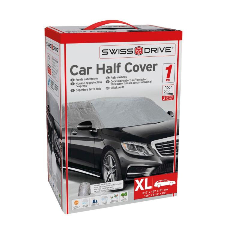 Škatla “Swiss Drive Car Half Cover” z rdečim robom, prikazom avta in velikostjo M (259 × 147 × 51 cm).