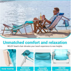 Plažni stol v uporabi na plaži, z odstranljivo blazino, brisačnim drogom in ojačano konstrukcijo.