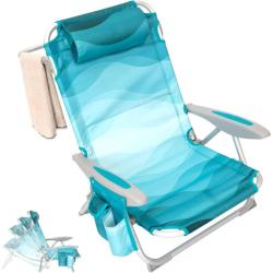 Zložljiv plažni stol s štirimi nastavljivimi položaji, nasloni za roke, blazino in stranskimi žepki.