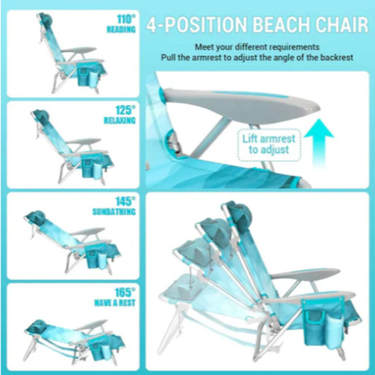 Plažni stol s štirimi nastavljivimi nagibi naslonjala, prikaz različnih položajev sedenja in ležanja.