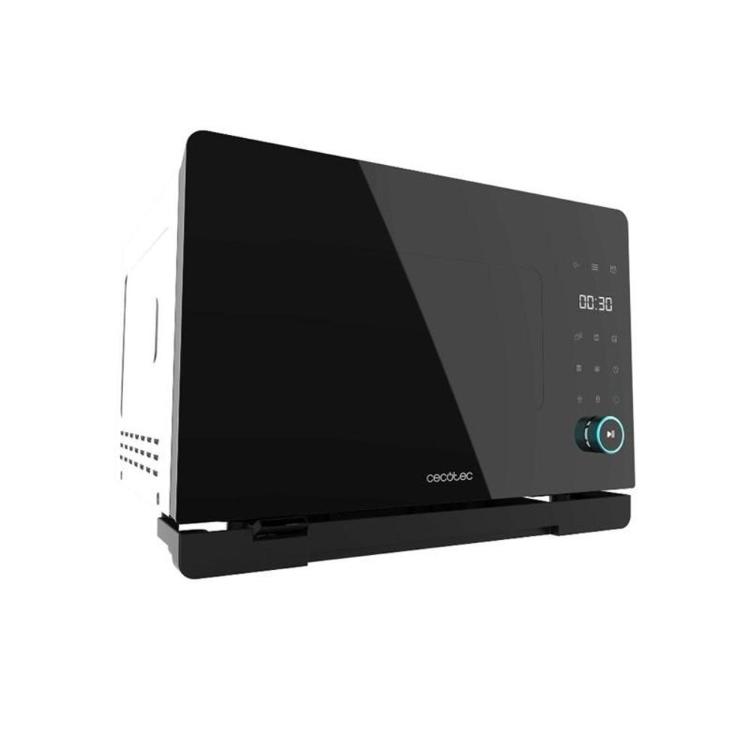 Cecotec mini pečica v črno-beli barvi, prikazana pod kotom z digitalnim zaslonom in steklenimi vratci.