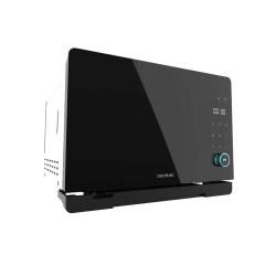 Cecotec mini pečica v črno-beli barvi, prikazana pod kotom z digitalnim zaslonom in steklenimi vratci.
