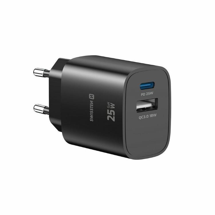 Hitri stenski polnilnik Swissten Edge GaN 25 W v elegantni črni izvedbi z USB‑C Power Delivery izhodom 25 W in USB‑A Quick Charge 3.0 izhodom 18 W omogoča hitro ter učinkovito polnjenje pametnih telefonov, tablic in drugih združljivih naprav.