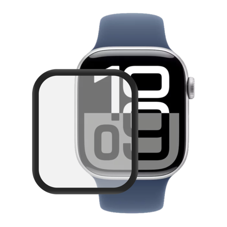 Prosojno zaščitno kaljeno steklo za pametno uro Apple Watch Series 10 (42 mm), prikazano na zaslonu ure.