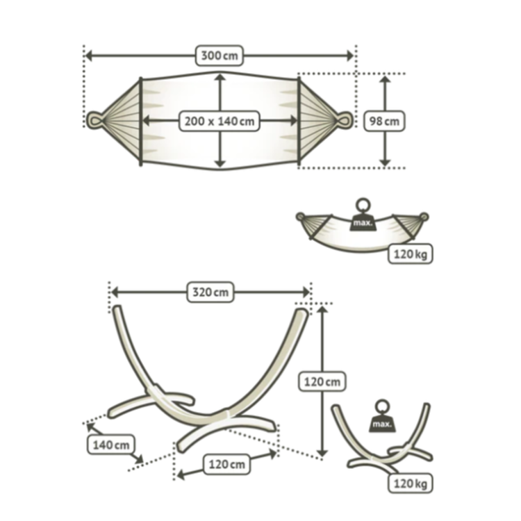 Tehnični diagram viseče mreže in stojala z merami in nosilnostjo 120 kg;