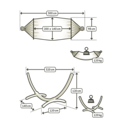 Tehnični diagram viseče mreže in stojala z merami in nosilnostjo 120 kg;