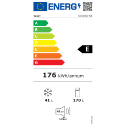 Energijska nalepka za hladilnik Candy CDG1S514ES z energijskim razredom E, letno porabo 176 kWh, prostornino 170 L (hladilnik) in 41 L (zamrzovalnik) ter glasnostjo 41 dB.