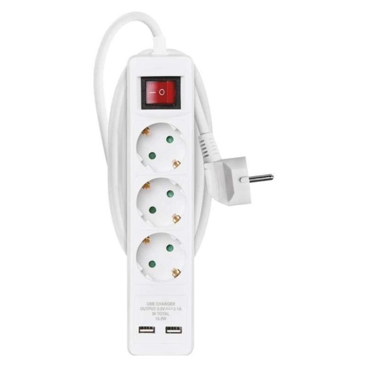 Podaljšek Emos 2 m / 3 vtičnice / s stikalom / beli / PVC / z USB / 1,5 mm2