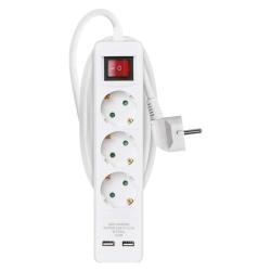 Podaljšek Emos 2 m / 3 vtičnice / s stikalom / beli / PVC / z USB / 1,5 mm2