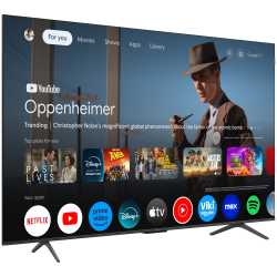 TCL črn televizor, pogled pod kotom, tanek dizajn, Google TV meni in aplikacije na zaslonu.
