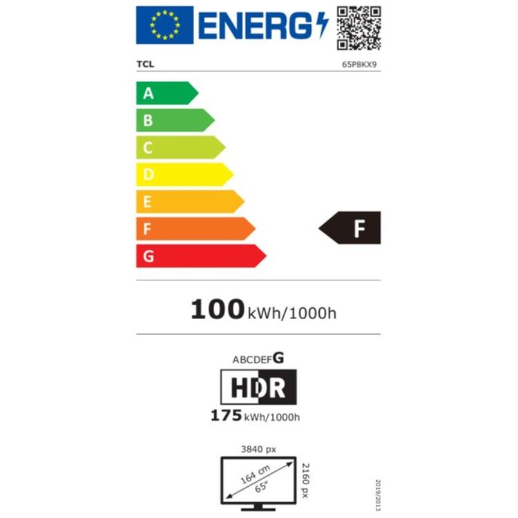 TCL energijska nalepka z lestvico A - G, razred F, poraba 100 kWh/1000 h, HDR 175 kWh, 65" UHD.
