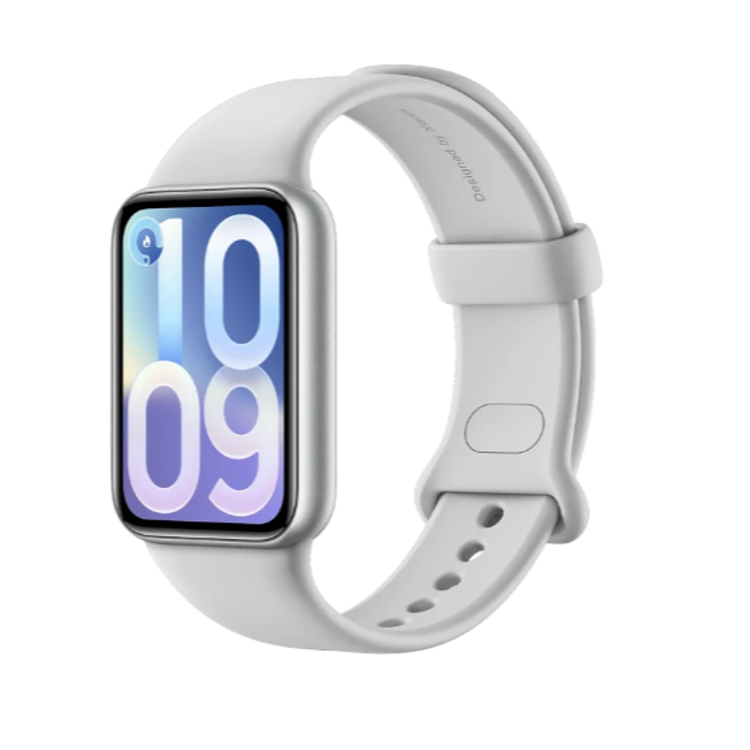 Xiaomi pametna ura z belim silikonskim paščkom, prikaz številčnice 10:09 in ohišja iz bočnega kota.