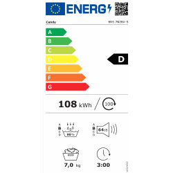 Energijska nalepka sušilnega stroja Candy BRS 7N2BX‑S z energijskim razredom D, poraba 108 kWh na 100 ciklov, zmogljivost 7 kg, glasnost 64 dB in čas sušenja 3:00.