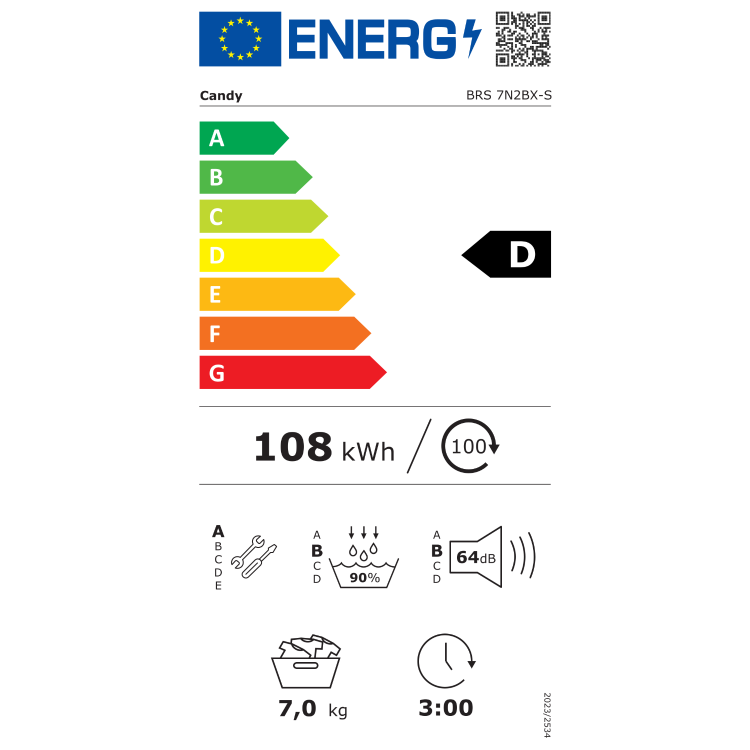 Energijska nalepka za sušilni stroj Candy BRS 7N2BX‑S z energijskim razredom D, porabo 108 kWh na 100 ciklov, zmogljivostjo 7 kg, učinkovitostjo kondenzacije 90 %, glasnostjo 64 dB in trajanjem programa 3 h 00 min.