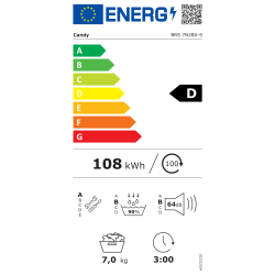 Energijska nalepka za sušilni stroj Candy BRS 7N2BX‑S z energijskim razredom D, porabo 108 kWh na 100 ciklov, zmogljivostjo 7 kg, učinkovitostjo kondenzacije 90 %, glasnostjo 64 dB in trajanjem programa 3 h 00 min.