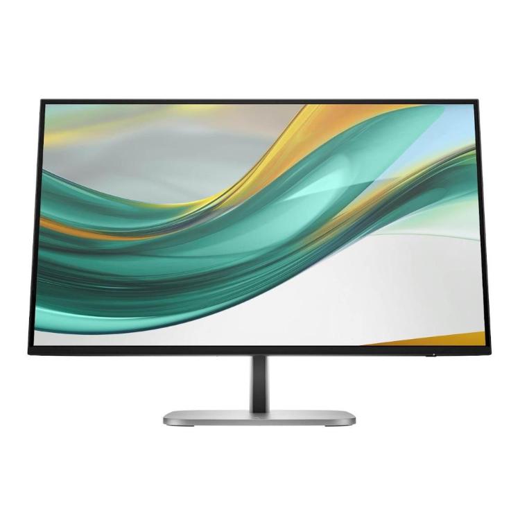 Sprednji pogled na HP Series 5 Pro 27-palčni monitor z ozkimi robovi, srebrnim stojalom in abstraktno grafiko na zaslonu.