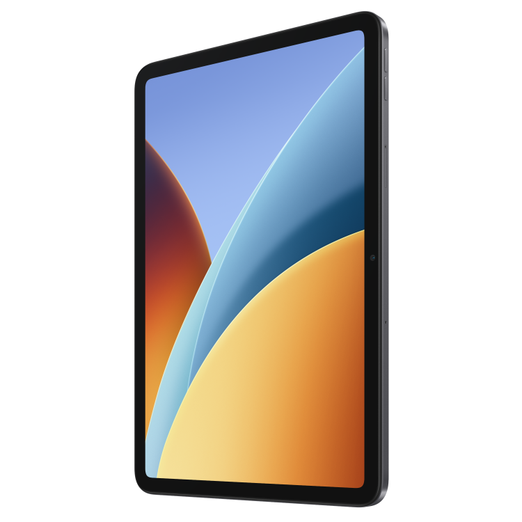 Xiaomi tablični računalnik, sprednji in kotni pogled, tanek okvir, kamera ob strani ter živahno abstraktno ozadje na zaslonu.