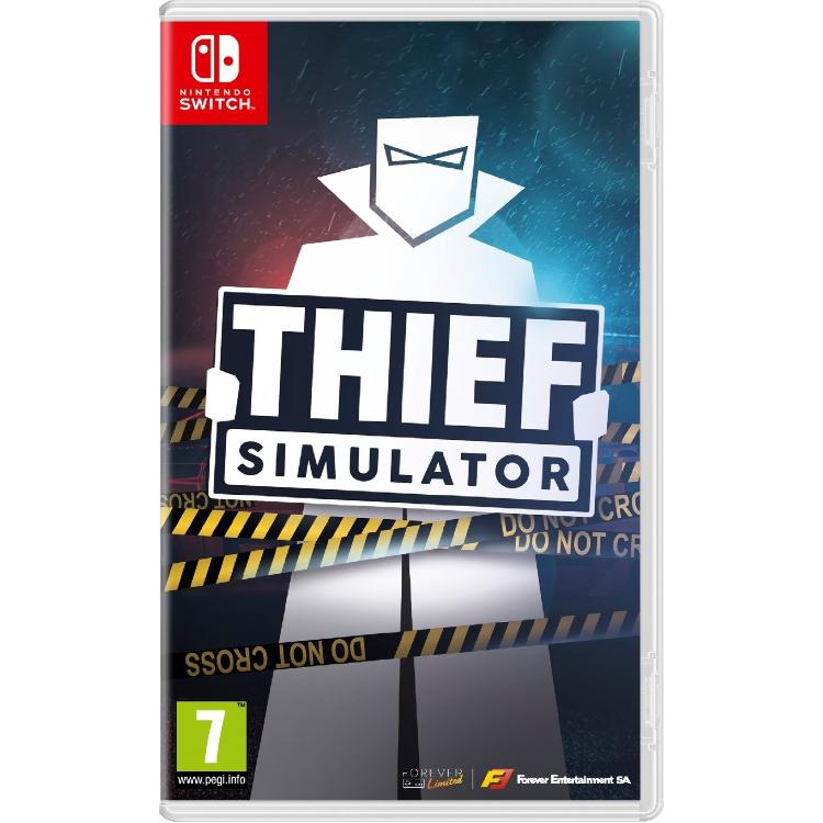 Igra Thief Simulator za Nintendo Switch v fizični embalaži, z logotipom igre, policijskim trakom »Do Not Cross« in oznako PEGI 7.