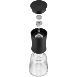 WMF mlinček za začimbe Ceramill z razstavljenimi deli (pokrov, keramični mehanizem, vzmet, steklena posoda)