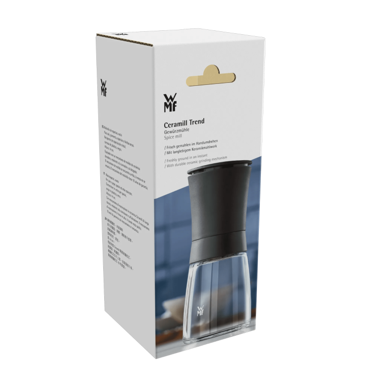 Embalaža WMF Ceramill Trend mlinčka za začimbe z opisom keramičnega mehanizma za mletje