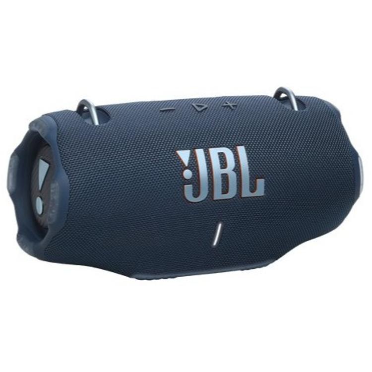 JBL Xtreme 4 – prenosni Bluetooth zvočnik v modri barvi z logotipom JBL, nosilnimi obročki in pasivnimi radiatorji.