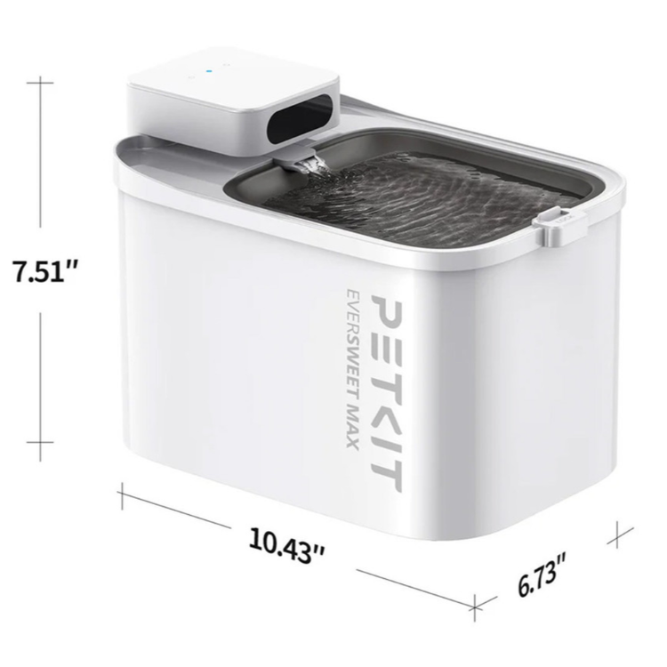 PETKIT Eversweet Max pametna vodna fontana v beli barvi, prikazana s tehničnim prikazom dimenzij. Vidne so mere 26,5 × 17,1 × 19,1 cm.