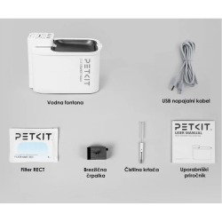 PETKIT Eversweet Max pametna vodna fontana v beli barvi, prikazana z vsebino kompleta, vključno z brezžično črpalko, filtrom, USB napajalnim kablom in čistilno krtačko.