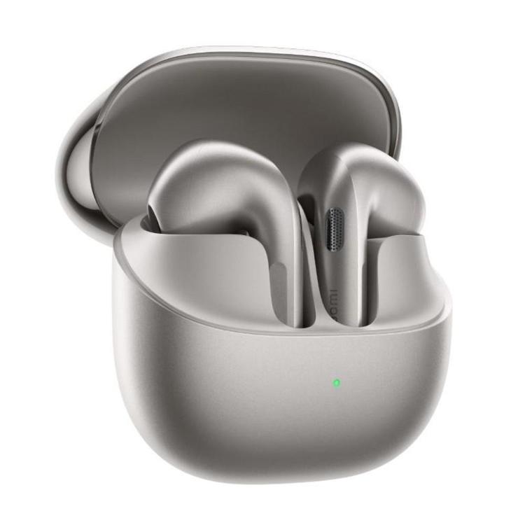 Xiaomi Buds 6 sive barve v odprti polnilni škatlici, obe slušalki vstavljeni, spredaj viden LED indikator.