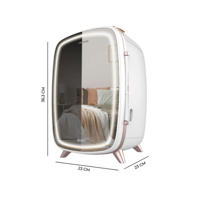 Mini hladilnik za kozmetiko Cecotec CoolingBeauty 6000 Mirror z zrcalnimi vrati in LED osvetlitvijo, mere 36,3 × 23 × 23 cm.