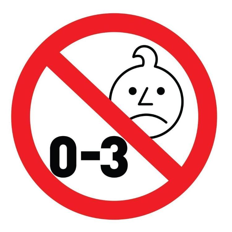 Opozorilni simbol prepovedi za otroke od 0 do 3 let zaradi majhnih delov.