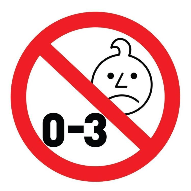 Opozorilni simbol prepovedi za otroke od 0 do 3 let zaradi majhnih delov.