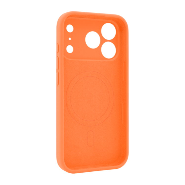 Oranžen silikonski ovitek N‑Soft Magnetic za iPhone 17 Pro Max z vgrajenim MagSafe magnetnim obročem in natančnimi izrezi za kamere.