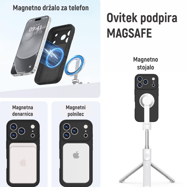 Ovitek N‑Soft Magnetic za iPhone 17 Pro Max s podporo MagSafe, združljiv z magnetnimi polnilniki, denarnicami in stojali.