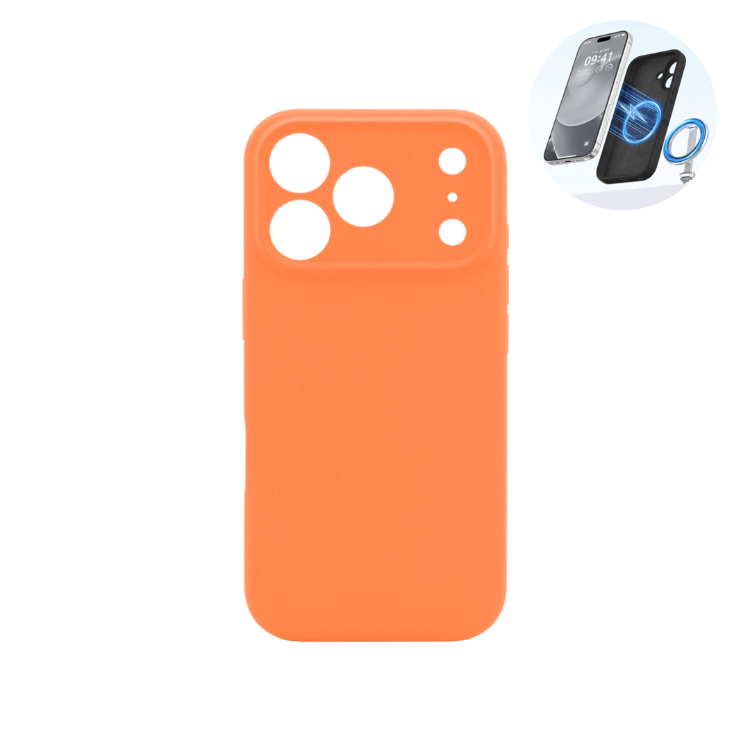 Oranžen silikonski ovitek N‑Soft Magnetic za iPhone 17 Pro Max s podporo MagSafe, mehko površino in natančno izdelanimi izrezi za kamere.